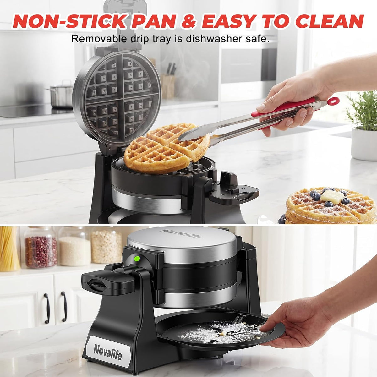Waffle Maker, 1400W Belgian Waffle Maker, Double Waffle Iron 180° Flip, 8 – size reference