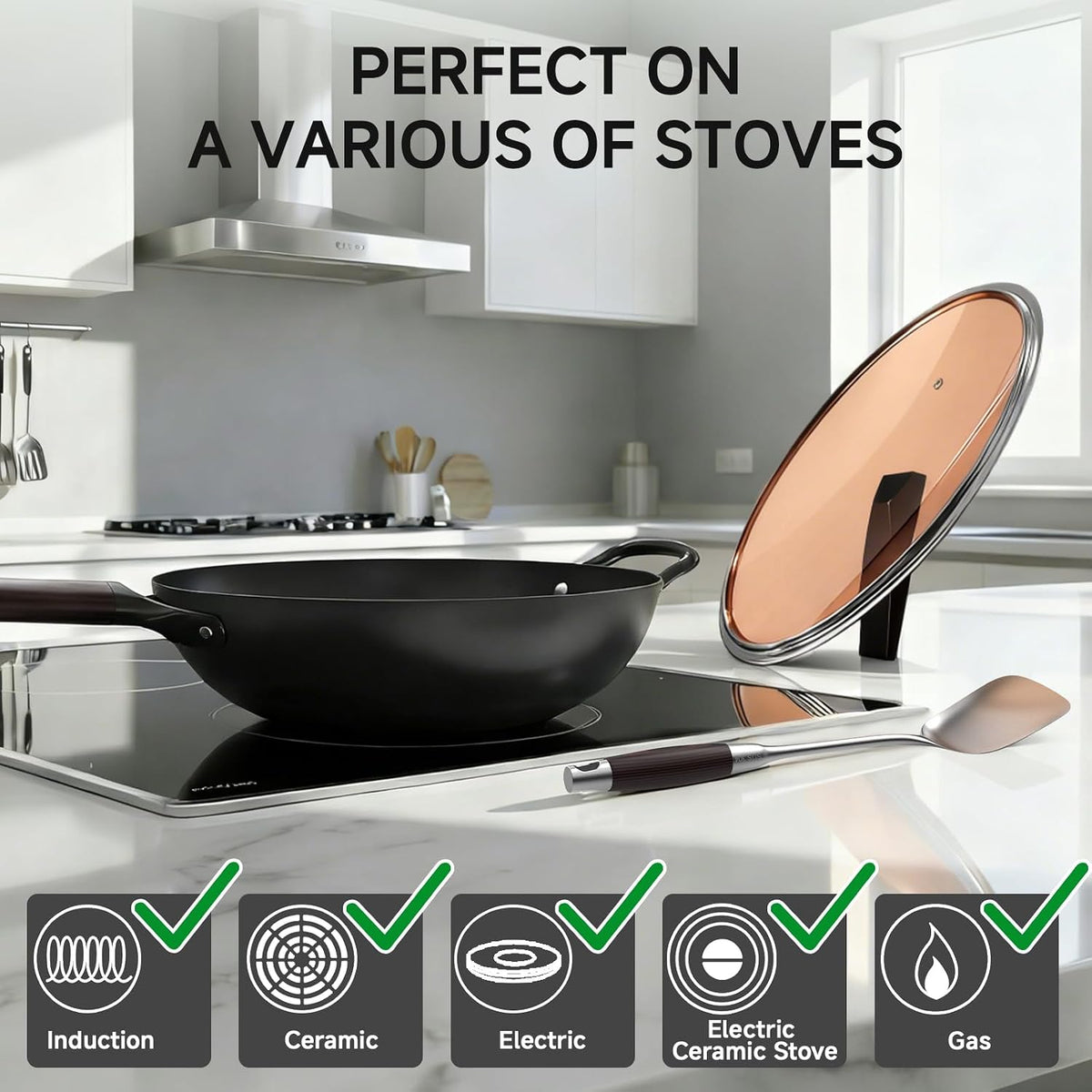 13.5" Pre-Seasoned Flat Bottom Carbon Steel Wok with Lid Spatula – set view