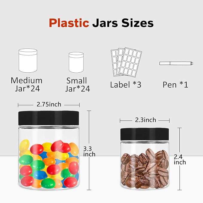 Food Storage Jars with Lids, 48 Pcs, 8 oz and 3.4 oz, Clear Plastic