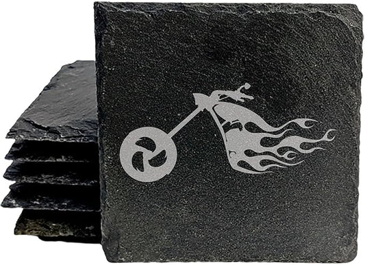 Ride The Fire: Flaming Chopper Motorcycle Coasters - Square Slate - Set of 4