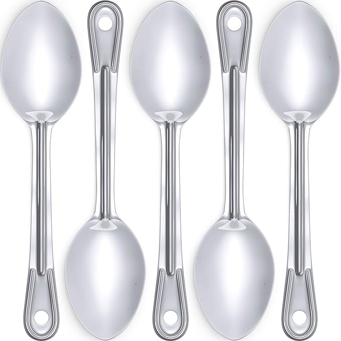 Super Strong, Ergonomic 11 in Serving Spoon 5 Pk. Big, Solid Stainless Steel Spoons for Cooking, Baking and Basting. Best Kitchen Flatware for Buffet and Banquet Service in Restaurants and Homes