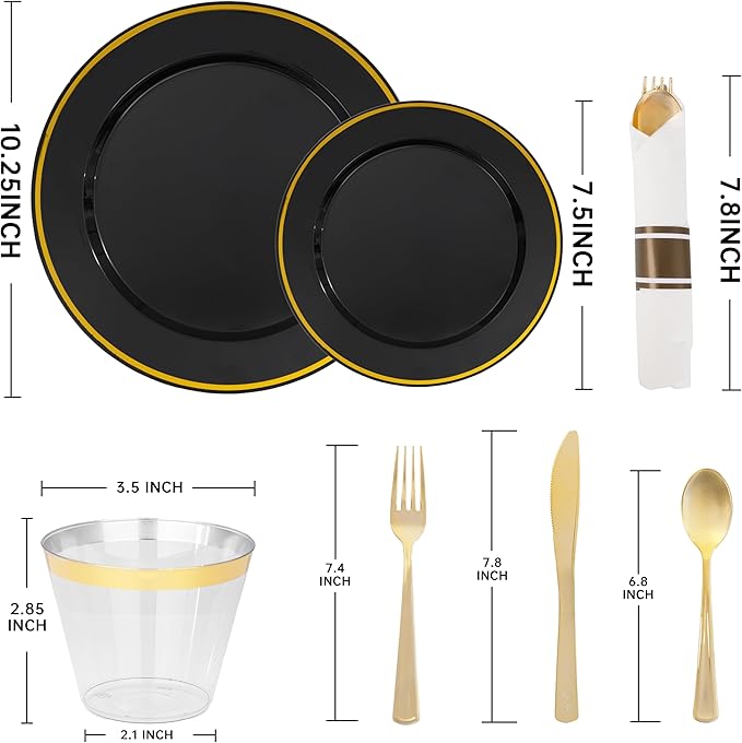 Plastic Party Plates Set in Black and Gold, 175 Pieces for 25 Guests