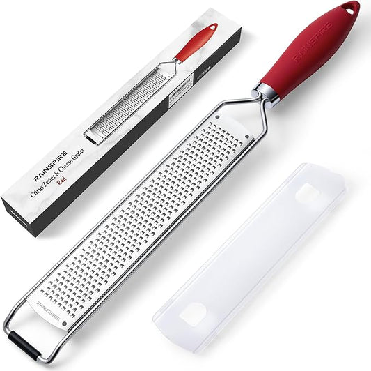 Rainspire Zester Grater with Handle, Lemon Zester Cheese Grater for Kitchen Stainless Steel, Parmesan Cheese Garlic Nutmeg Chocolate Fruits Vegetables Ginger Grater, Fine, Red