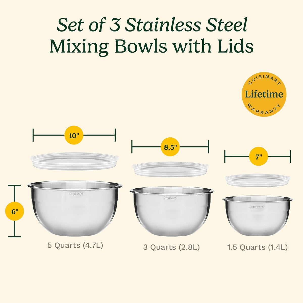 Mixing Bowl Set, Nesting Bowls, Stainless Steel, 3-Piece – size reference
