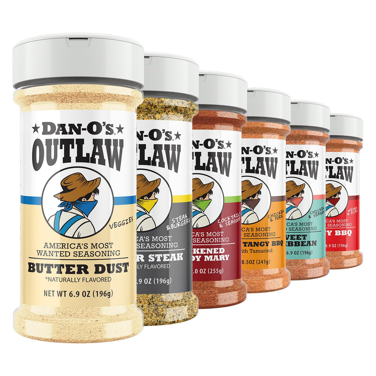 Outlaw Seasoning 6 Bottle Set- Butter Dust, Butter Steak, Spicy BBQ, Sweet