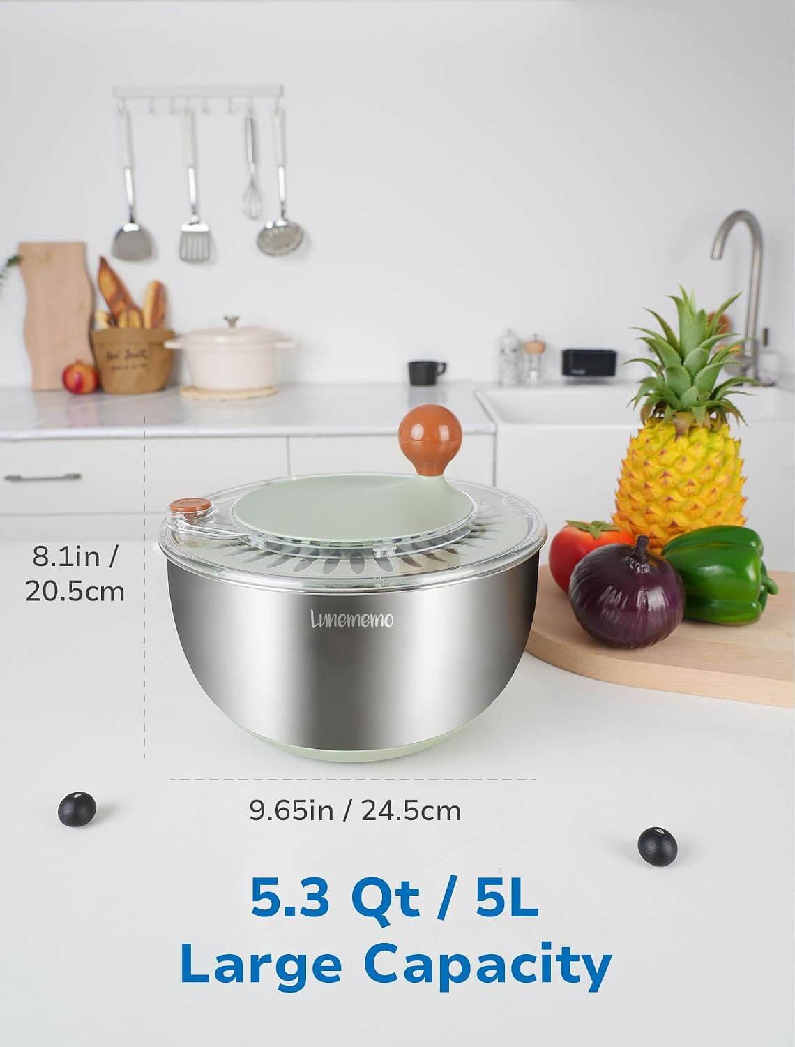 Stainless Steel Salad Spinner, BPA Free, Quick Dry & Stop, 5.3 Qt – features