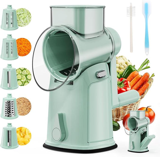 7 IN 1 Upgraded Rotary Cheese Grater with Handle – Vegetable Shredder with Built-in Storage Blade Slot, 5 Versatile Blades, Strong Suction Base Round Mandoline Slicer, Food Chopper for Kitchen