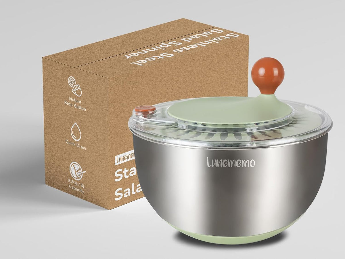 Stainless Steel Salad Spinner, BPA Free, Quick Dry & Stop, 5.3 Qt – another angle