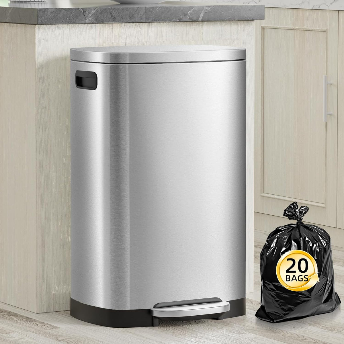 Kitchen Trash Can with Lid, 13 Gal Stainless Steel Pedal Garbage Can