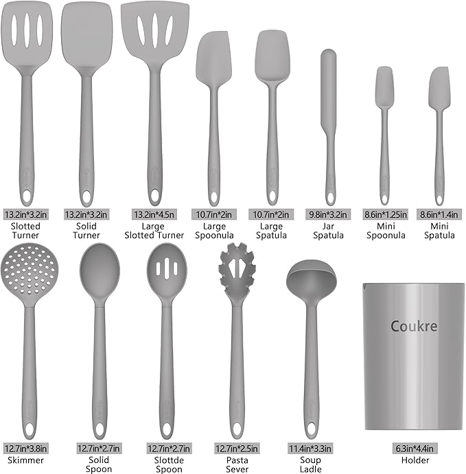 Silicone Kitchen Cooking Utensils Set with Holder – 14, PureGray