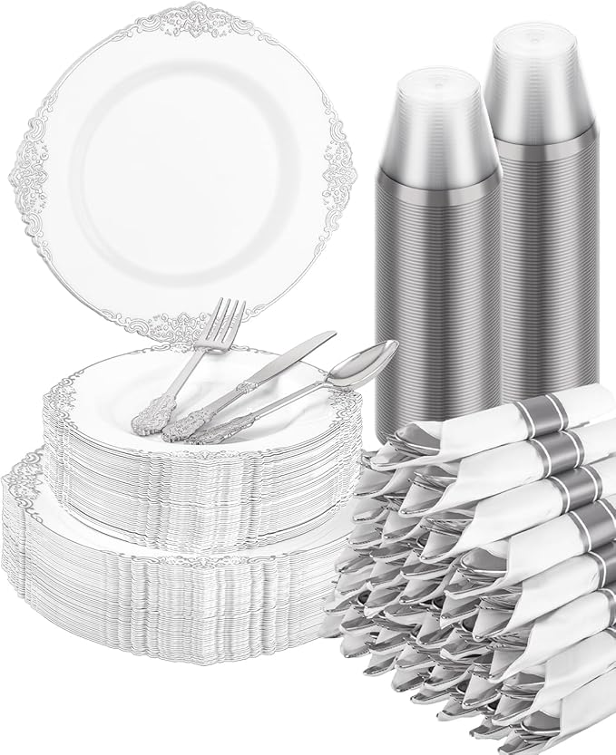 Plates with Silver Border, Disposable Plastic Party Set for 50