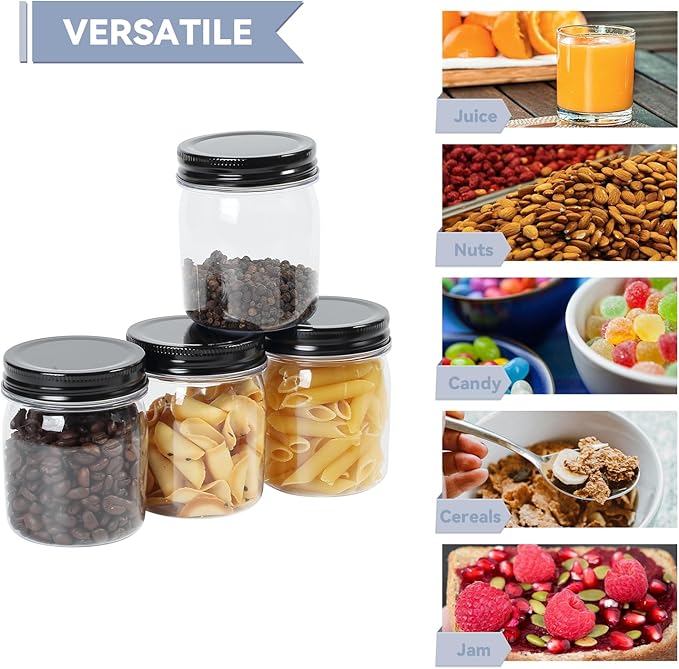 Food Jars 8 oz Clear PET Plastic Canisters, 48 Pack with Metal Lids