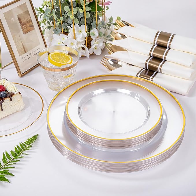 Plastic Plates with Gold Rim, 350 Pieces Serves 50 Guests