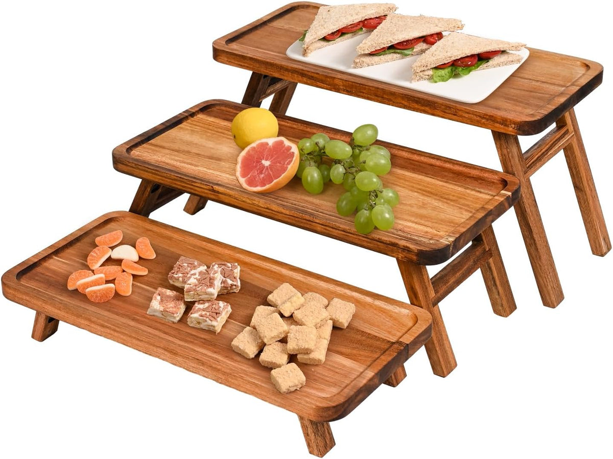 3 Tier Serving Tray Acacia Wooden Tiered Tray Stand Foldable Dessert Table