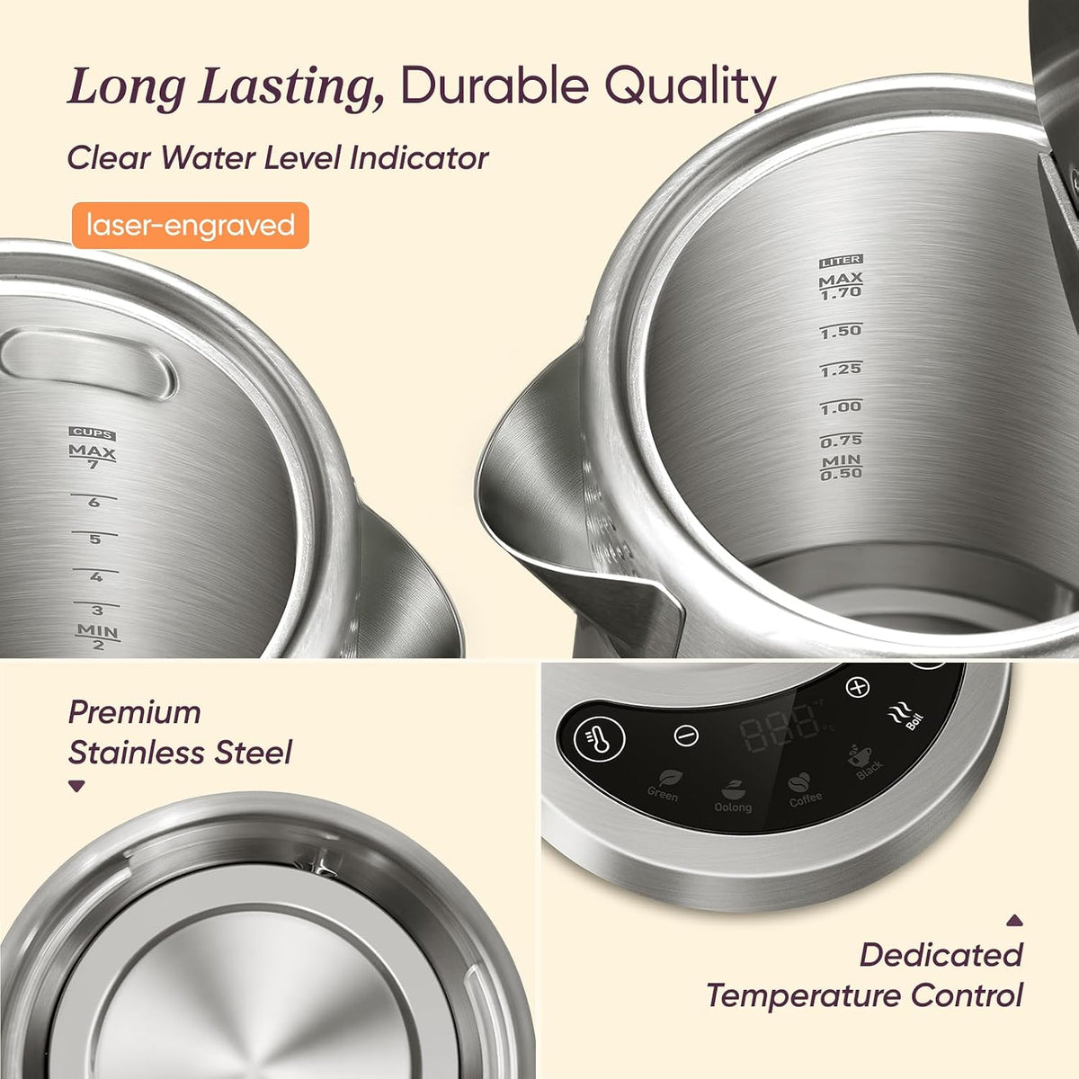 Stainless Steel Electric Kettle with Temperature Control, 1.7L – features