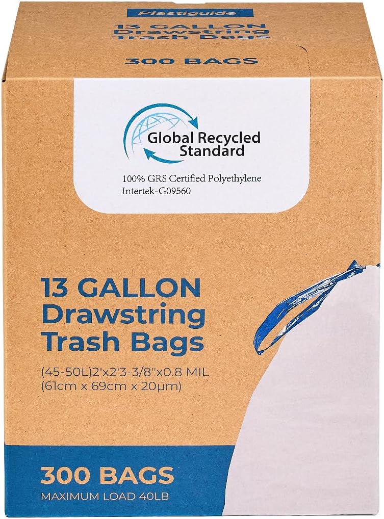 300 Count Tall Kitchen Drawstring Trash Bags, 13 Gallon, 100% Post-Consumer