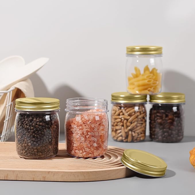 Food Storage Jars 16 Pack, 8 oz Clear PET Plastic with Gold Lids