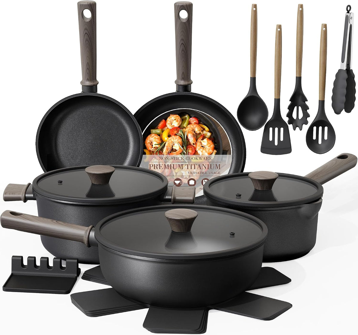 19 Pcs Pots and Pans Set Non Stick, Black Titanium Induction Kitchen Cookware