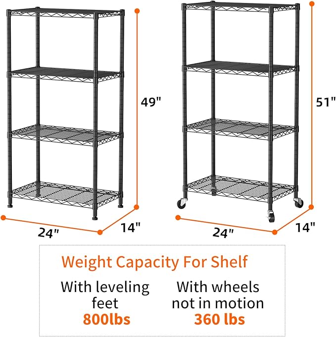 Standing Shelf Unit, 4-Tier Metal Wire Storage Rack with Wheels, Black