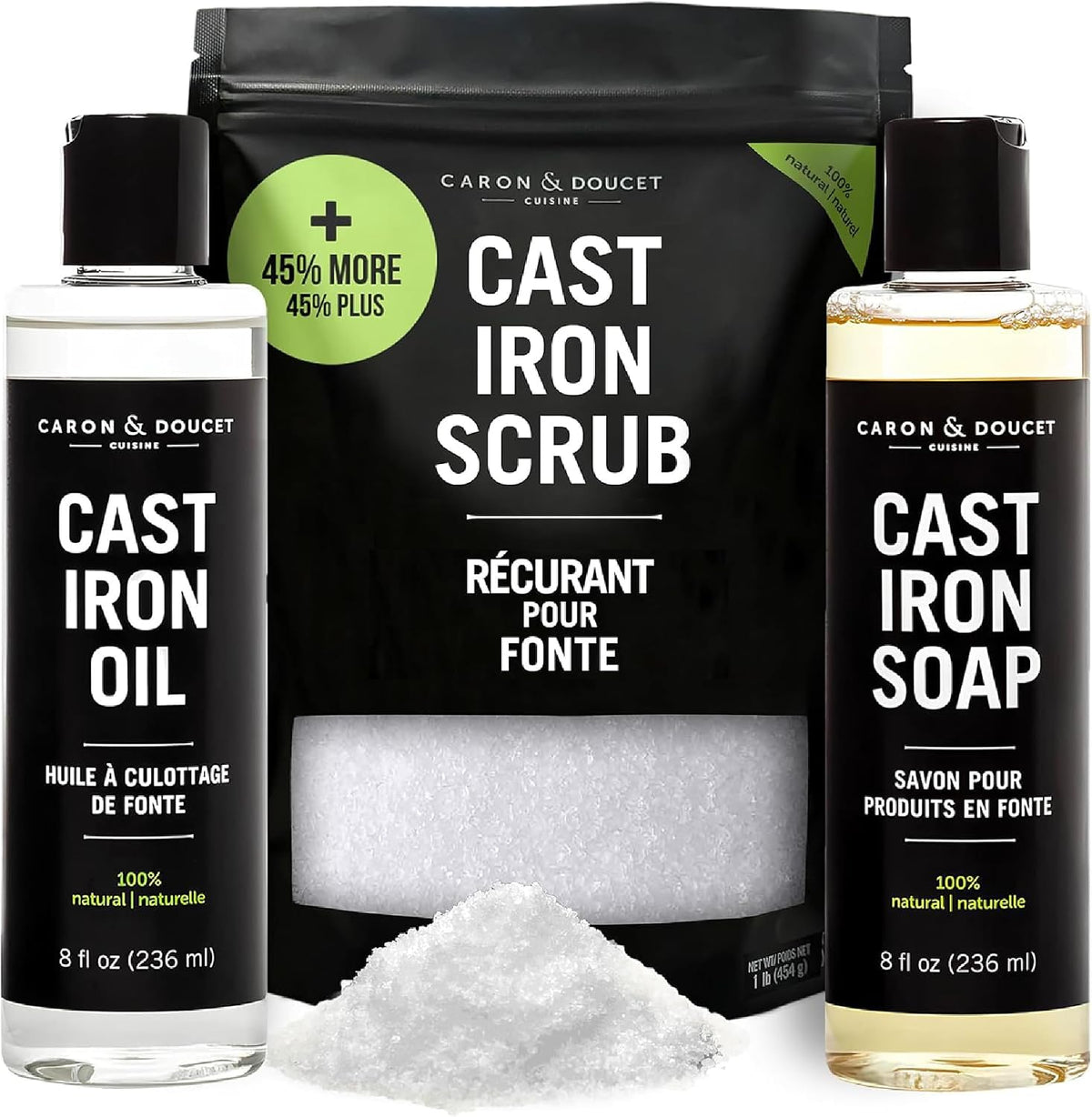 New Ultimate Cast Iron Set: Seasoning Oil, Cleaning Soap & Restoring Scrub |