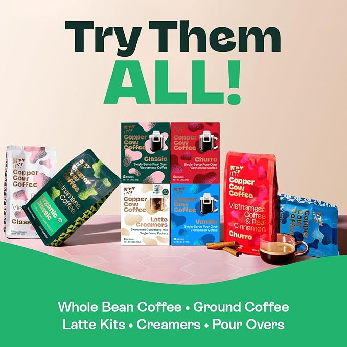 Copper Cow Coffee Pour Over Vietnamese Ground Coffee Pouches + Sweetened Condensed Milk Creamers (8 Coffees & 8 Milk Creamers) | Vanilla Lattes, No Refrigeration Needed, Travel Friendly