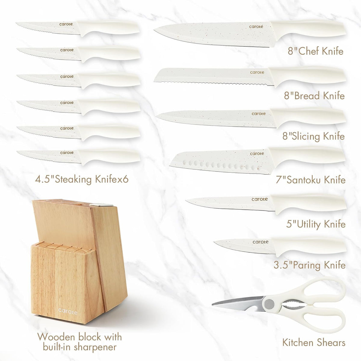 15-Piece Knife Set, Wood Block with Built-In Sharpener, Cream – detail