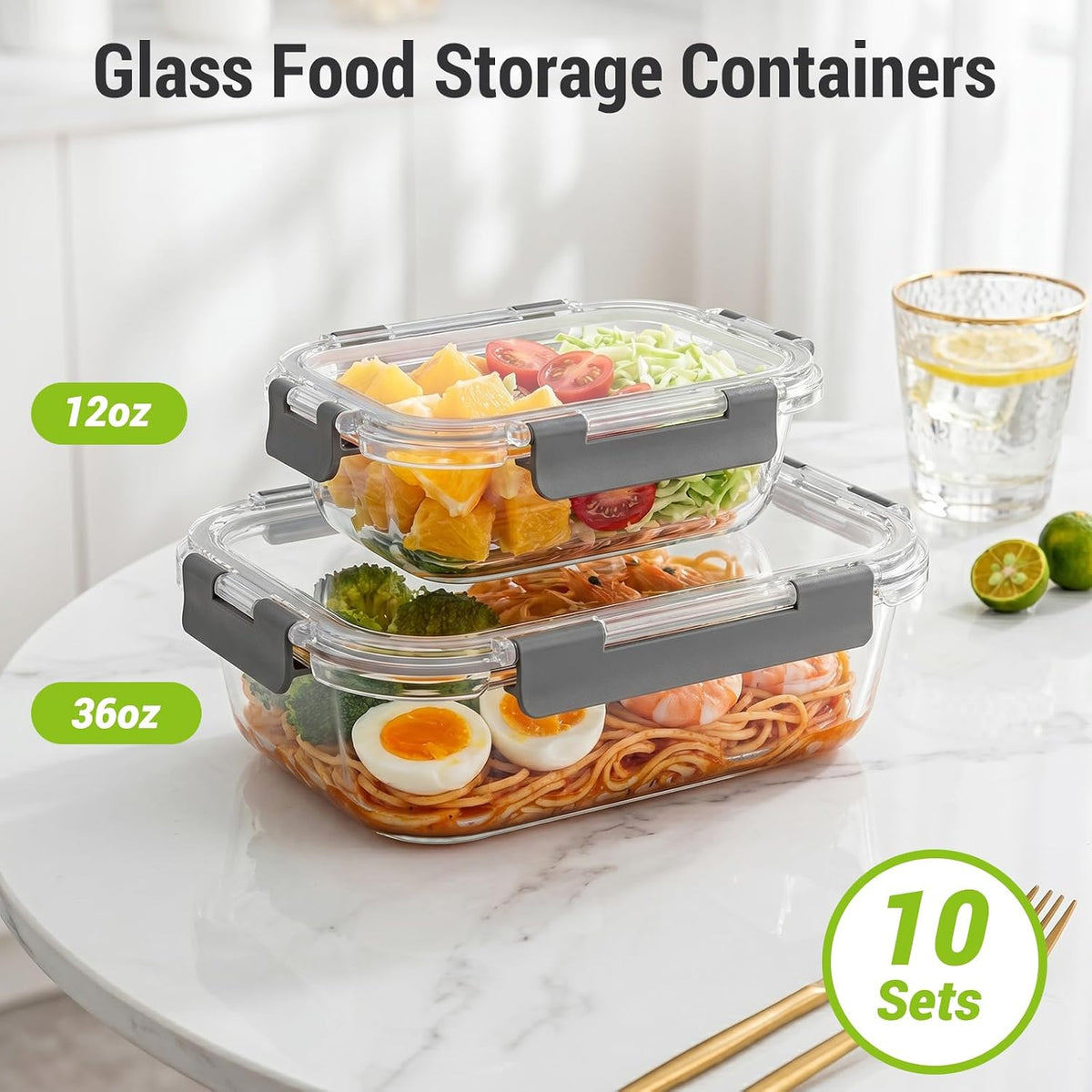 10 Sets 36 oz & 12 oz Glass Food Storage Containers with lids, Gray – detail