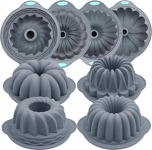 Tongjude 4 Pieces Silicone Fluted Tube Cake Pans, 7 Cups Tube Baking Pan, Jello Mold, Silicone Molds for Homemade Cake, Bread and Jello, Non-Stick, Grey