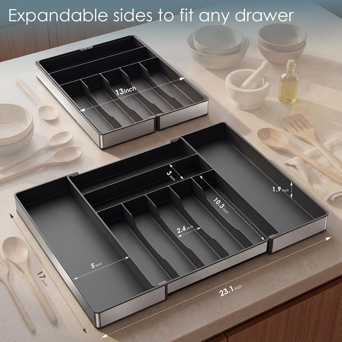 Silverware Drawer Organizer, 9 Slots Expandable Kitchen Drawer Organizer – size reference