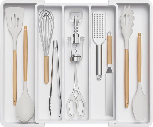 Lifewit Utensil Organizer for Kitchen Drawers, Expandable from 13‘’ to 22.4'', 15'' Depth, Plastic Cutlery Silverware Flatware Holder, Spatula Tools and Gadgets Storage, Large, White