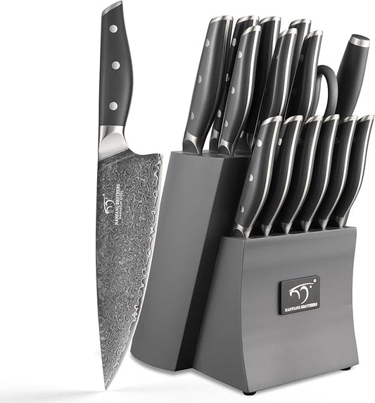 NF NANFANG BROTHERS Damascus Kitchen Knife Set, 16-Piece with Block, ABS Ergonomic Handle, Carving Fork, Disconnect-type Knife Block (Gray)