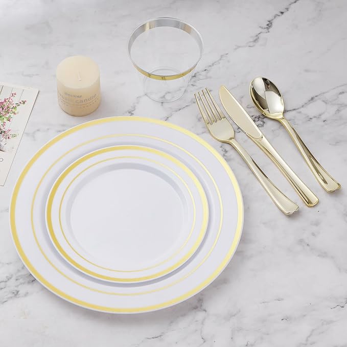 Plates Set, Disposable Plastic, Gold, 150 Pieces for 25 Guests