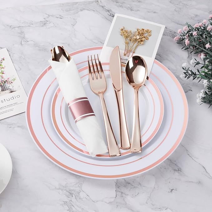 Plates Set, White with Rose Gold Rim, 10.25-Inch Dinner and 7.5-Inch Salad
