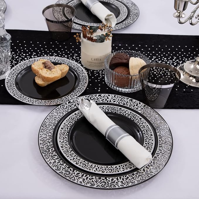 Disposable Plates Set, Black Lace Design with Silver Cutlery, 210 Pieces