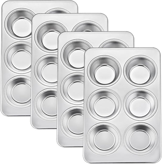 TeamFar Muffin Pan Set of 4, 6 Cup Muffin Tins Pans For Baking, Cupcake Pan Tray Set Stainless Steel for Baking Muffins Cakes Tarts and More, Healthy & Sturdy, Oven & Dishwasher Safe