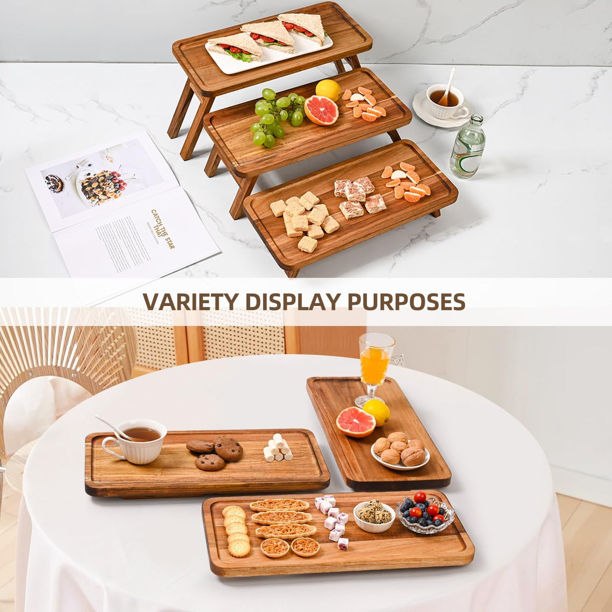 3 Tier Serving Tray Acacia Wooden Tiered Tray Stand Foldable Dessert Table – close-up