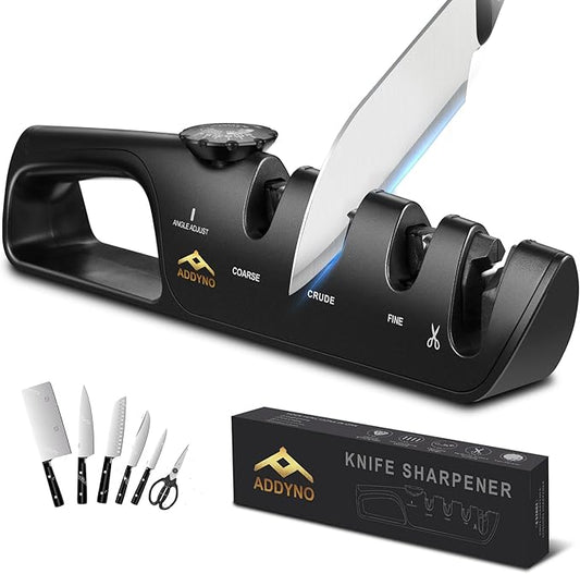 4-in-1 Knife Sharpener with Angle Guide, Adjustable Edge,3-Stage Coarse–Sharpen–Fine + Scissors Slot, Non-Slip Base & Ergonomic Handle for Kitchen Knives