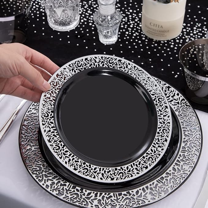 Disposable Plates Set, Black Lace Design with Silver Cutlery, 210 Pieces