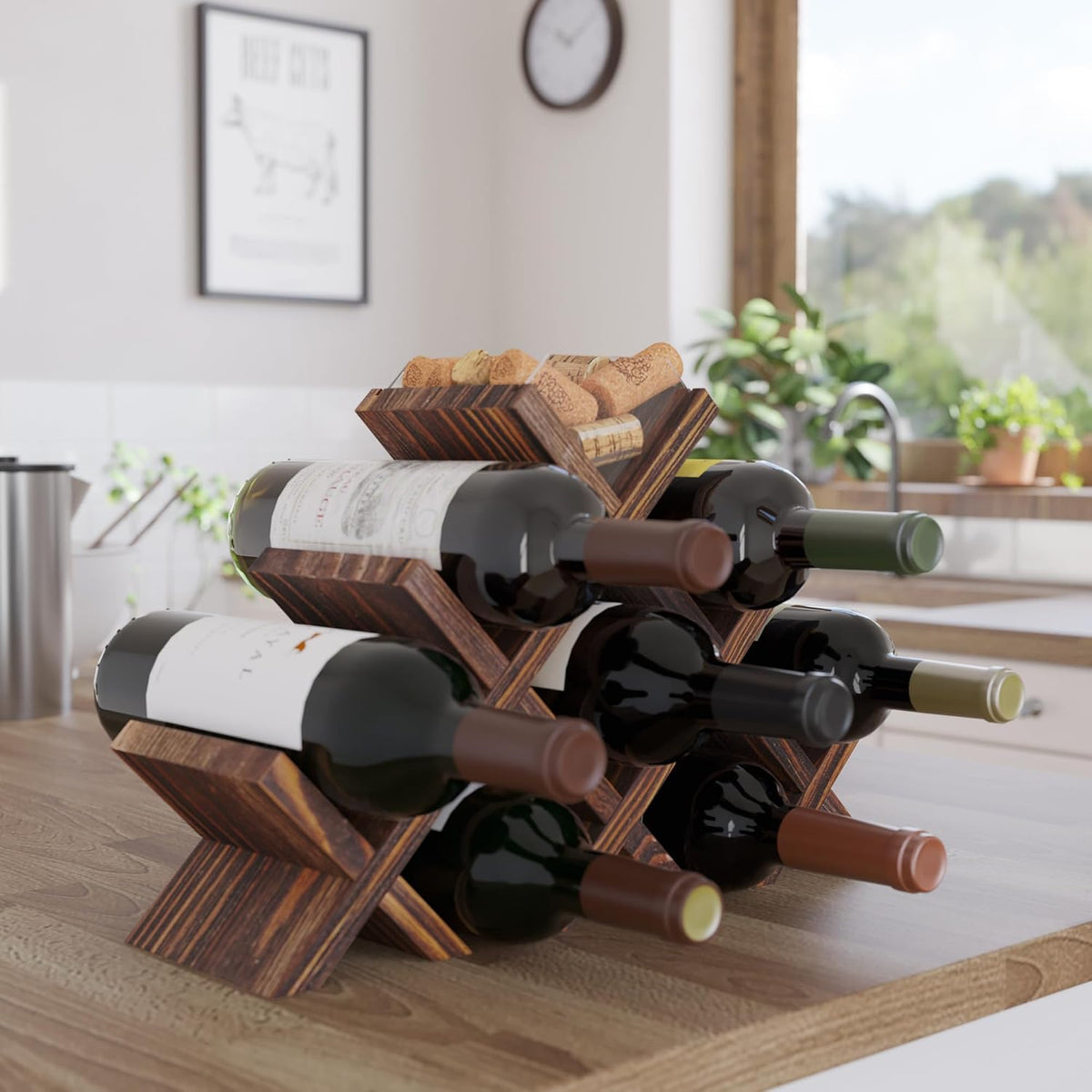 Alella Countertop Wood Wine Rack for 8 Bottles Holder and Cork Storage Tabletop – alternate view