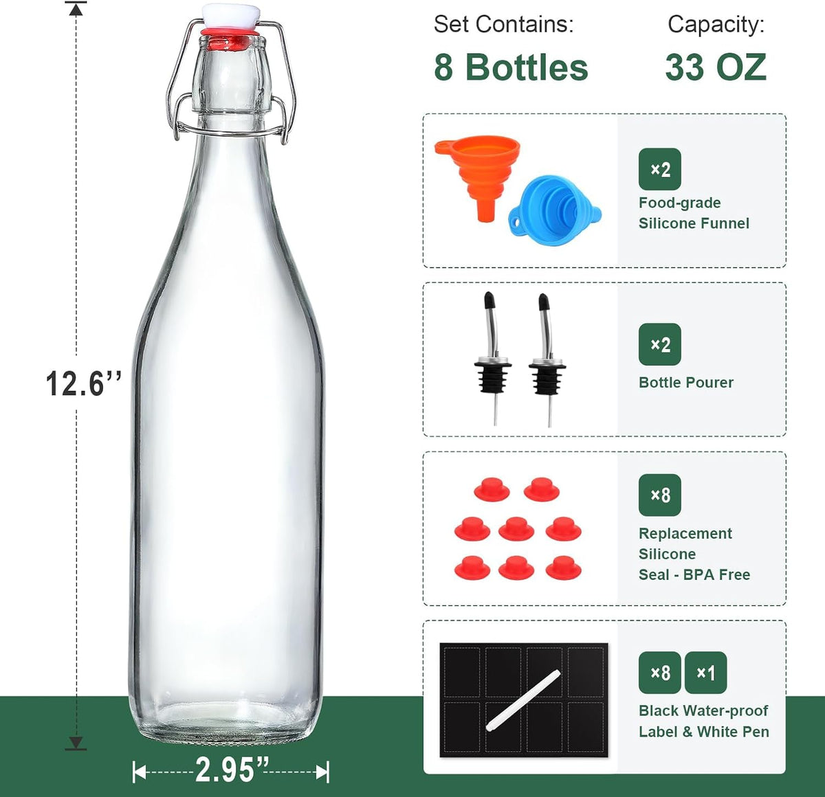 8 PACK [1 Liter/33 fl. oz.] Swing Top Glass Bottles w/ 2 Funnels & Pourers – detail