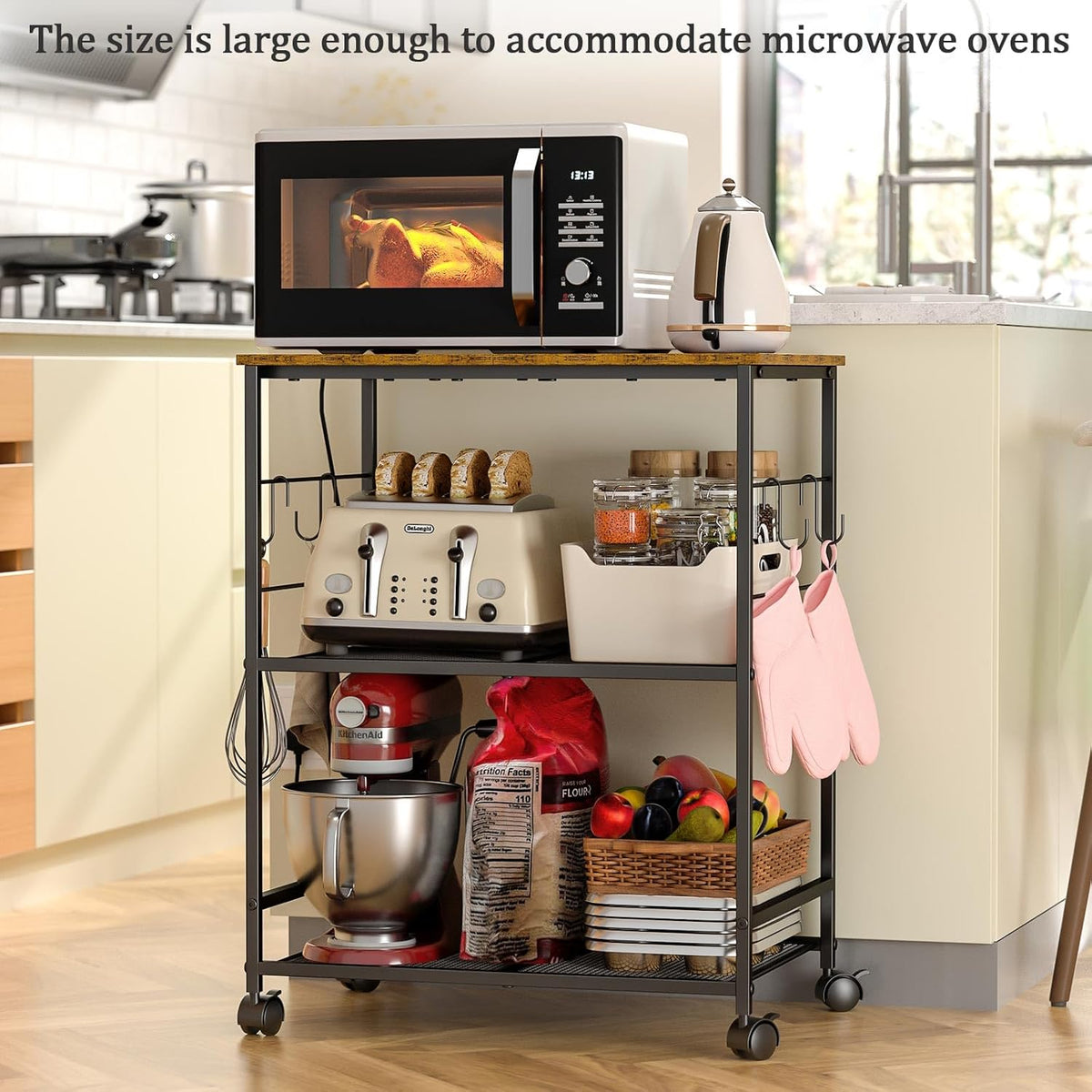 Rolling Kitchen Microwave Cart, 3 Tier Microwave Table Stand with Storage – features