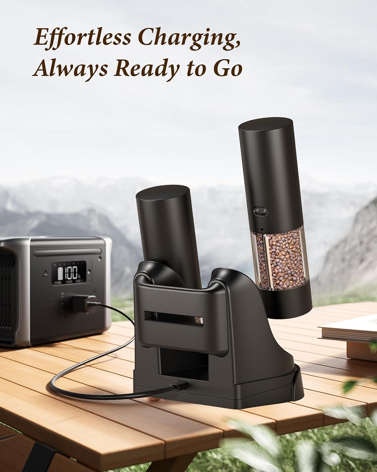 Electric Salt and Pepper Grinder Set with Charging Base, Black/Set – detail