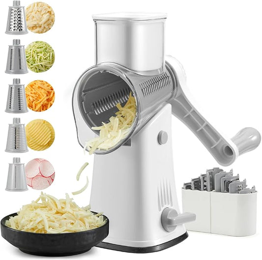 Rotary Cheese Grater Hand Crank, 5 Blades Cheese shredder, Stronger Suction, Easy to Clean for Fruit, Vegetables, Nuts, White