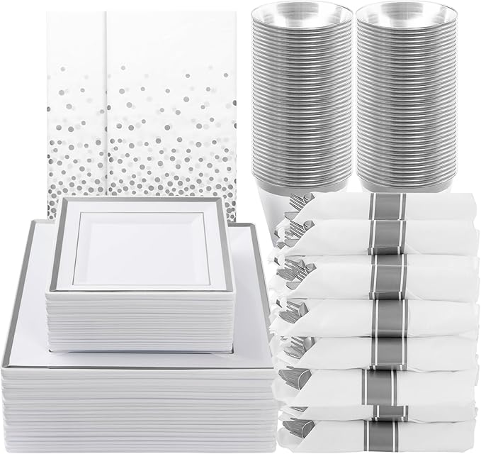 Plates Set, Square Silver Plastic Party Dinnerware for 50 Guests
