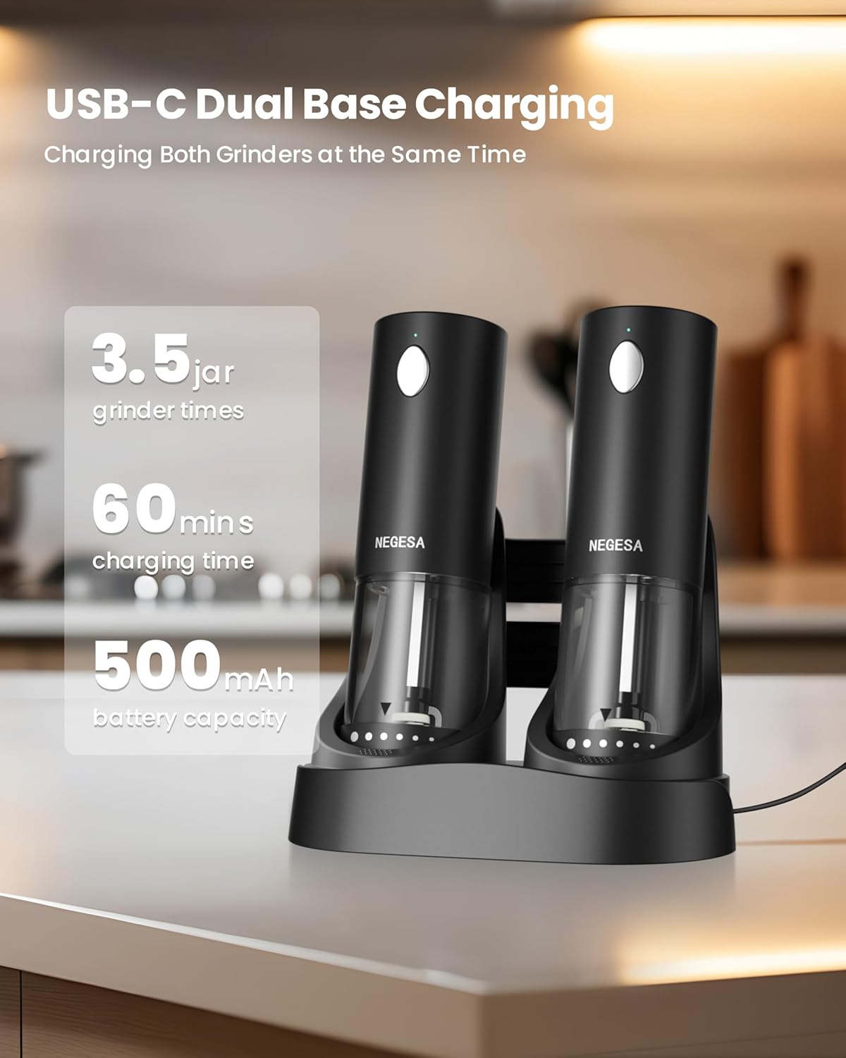 Electric Salt and Pepper Grinder Set with Rechargeable Base - Automatic – close-up