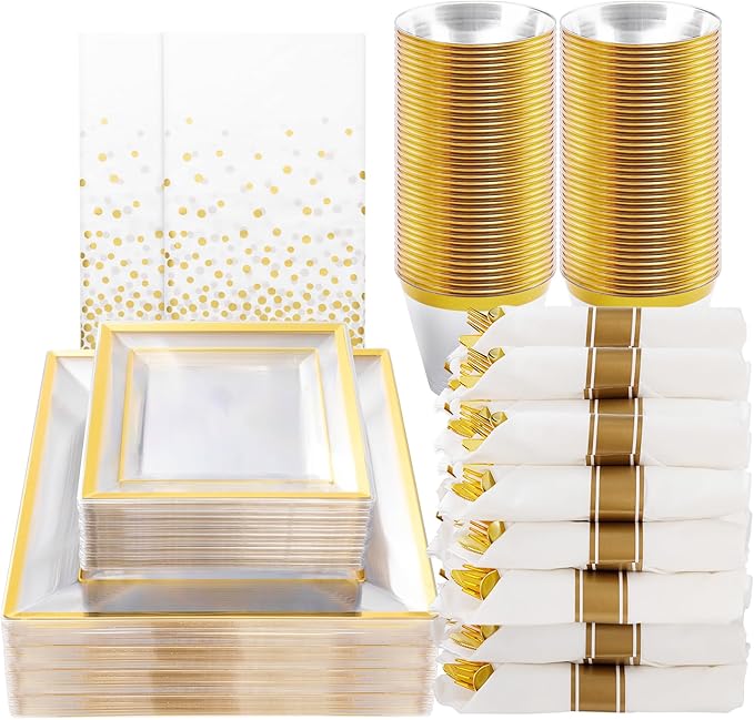 Plates Set, 352-Piece Clear Square Plastic with Gold Rim for 50 Guests