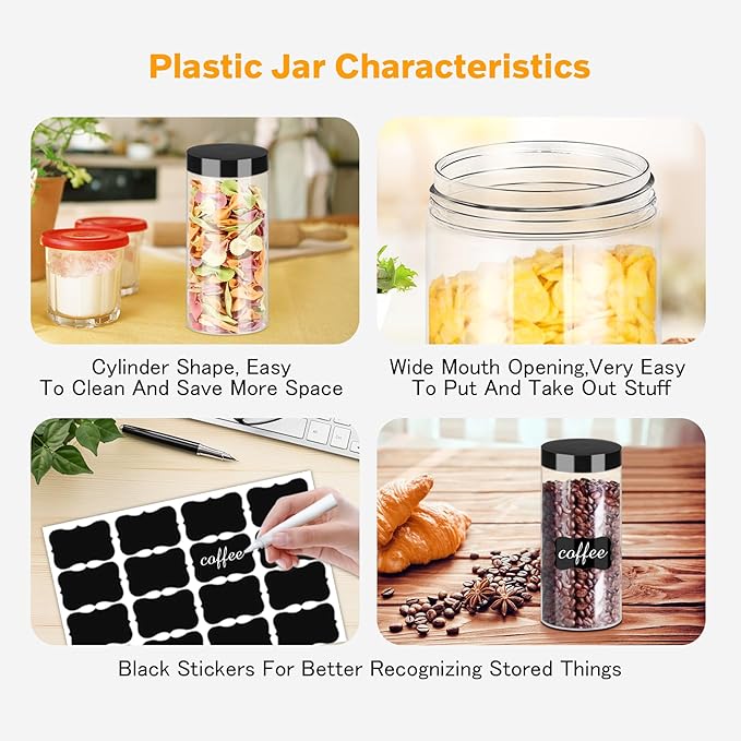 Food Jars with Lids, 16 oz Clear Plastic Storage Containers, 16 Pack