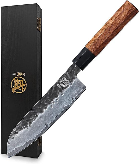 MITSUMOTO SAKARI Santoku Chef Knife 7 inch - Hand Forged Japanese Kitchen Knives, 3-Layer 9CR18MOV High Carbon Steel, Rosewood Handle & Sandalwood Box
