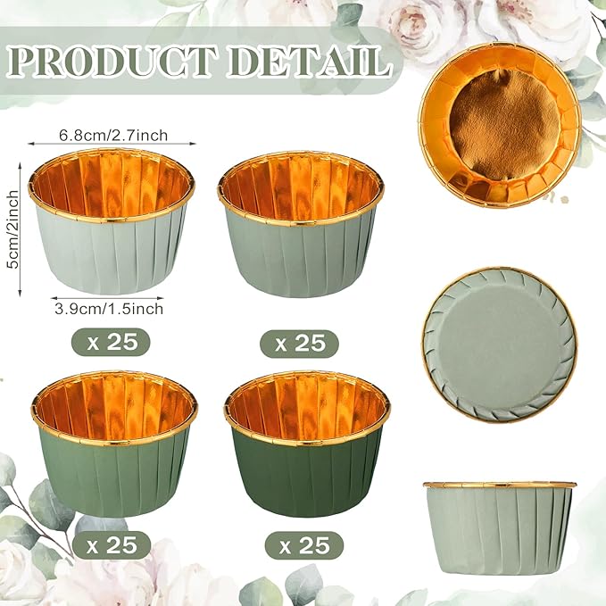 Baking Cups, 100 Count Sage Green Gradient Foil, Nonstick