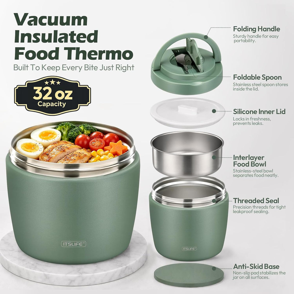 32oz Insulated Soup Thermo, Vacuum Stainless Steel Food Jar for Hot & Cold – detail